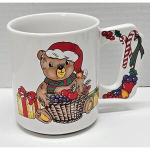 Vintage Christmas Teddy Bear Mug Candy Cane Handle Fruit Basket Made Taiwan